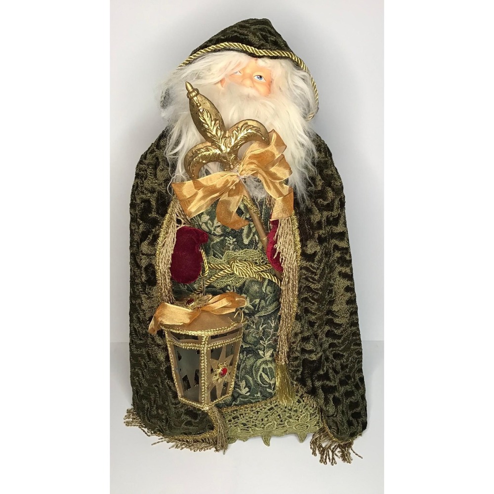 VTG Old World Santa Claus Topper Figurine Olive Green Velvet Lantern 24" Elegant